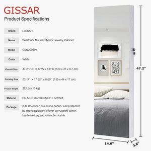 Organize with gissar full length mirror jewelry cabinet 6 leds jewelry armoire wall mounted over the door hanging jewelry organizer storage with lights lockable white
