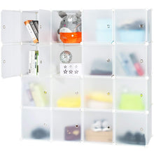 Load image into Gallery viewer, Heavy duty honey home modular storage cube closet organizers portable plastic diy wardrobes cabinet shelving with easy closed doors for bedroom office kitchen garage 16 cubes white