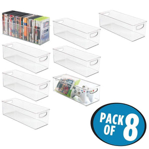 Exclusive mdesign plastic stackable household storage organizer container bin with handles for media consoles closets cabinets holds dvds video games gaming accessories head sets 8 pack clear