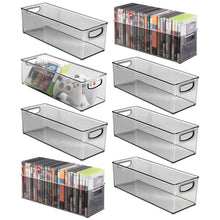 Load image into Gallery viewer, Shop here mdesign plastic stackable household storage organizer container bin with handles for media consoles closets cabinets holds dvds video games gaming accessories head sets 8 pack smoke gray