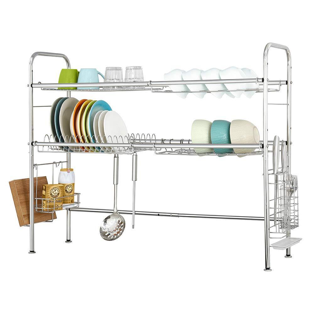 Amazon nex 2 tier stainless steel drying dish rack non slip length adjustable kitchen cabinets with chopstick holder double groove