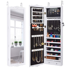 Load image into Gallery viewer, Discover the best langria 10 leds wall door mounted jewelry cabinet lockable jewelry armoire storage organizer for accessories carved design 2 drawers 3 adjustable heights white