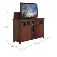 Load image into Gallery viewer, Get touchstone 70062 bungalow tv lift cabinet chestnut oak up to 60 inch tvs diagonal 55 in wide mission style motorized tv cabinet pop up tv cabinet with memory feature ir rf 12v trigger