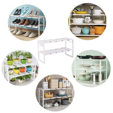 Load image into Gallery viewer, Featured kelixu under sink organizer under cabinet storage 2 tier adjustable kitchen sink organizer with stainless steel pipes and 10 removable panels multifunctional storage rack for kitchen white