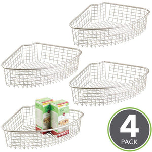 Budget friendly mdesign farmhouse metal kitchen cabinet lazy susan storage organizer basket with front handle large pie shaped 1 4 wedge 4 4 deep container 4 pack satin