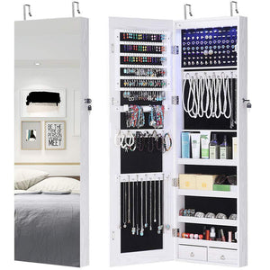 New gissar full length mirror jewelry cabinet 6 leds jewelry armoire wall mounted over the door hanging jewelry organizer storage with lights lockable white