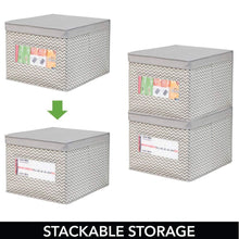 Load image into Gallery viewer, Buy mdesign decorative soft stackable fabric office storage organizer holder bin box container clear window lid for cabinets drawers desks workspace large foldable chevron print 6 pack taupe