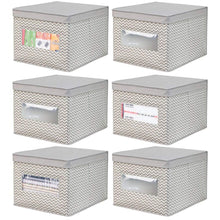 Load image into Gallery viewer, Best mdesign decorative soft stackable fabric office storage organizer holder bin box container clear window lid for cabinets drawers desks workspace large foldable chevron print 6 pack taupe