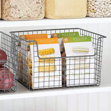 Load image into Gallery viewer, Related mdesign metal kitchen pantry food storage organizer basket farmhouse grid design with open front for cabinets cupboards shelves holds potatoes onions fruit 12 wide 2 pack graphite gray