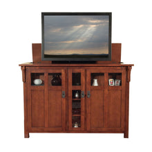 Load image into Gallery viewer, Exclusive touchstone 70062 bungalow tv lift cabinet chestnut oak up to 60 inch tvs diagonal 55 in wide mission style motorized tv cabinet pop up tv cabinet with memory feature ir rf 12v trigger