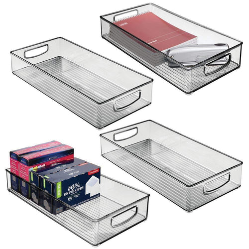 Shop here mdesign plastic storage bin with handles for office desk book shelf filing cabinet organizer for sticky notes pens notepads pencils supplies bpa free 16 deep 4 long smoke gray