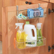 Load image into Gallery viewer, Organize with mdesign metal farmhouse over cabinet kitchen storage organizer holder or basket hang over cabinet doors in kitchen pantry holds dish soap window cleaner sponges satin