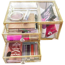 Load image into Gallery viewer, Cheap antique beauty display clear glass 3drawers palette organizer cosmetic storage makeup container 3cube hoder beauty dresser vanity cabinet decorative keepsake box