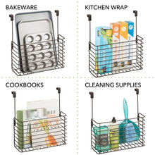 Load image into Gallery viewer, Discover the mdesign metal over cabinet kitchen storage organizer holder or basket hang over cabinet doors in kitchen pantry holds bakeware cookbook cleaning supplies 2 pack steel wire in bronze