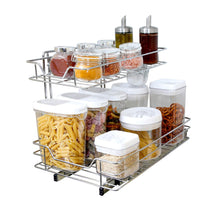 Load image into Gallery viewer, Purchase smart design 2 tier roll out under sink sliding organizer w mounting hardware medium steel metal holds 100 lbs cabinets cookware bakeware items kitchen 18 32 x 14 inch chrome