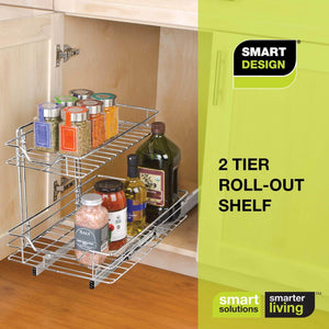 Related smart design 2 tier roll out under sink sliding organizer w mounting hardware medium steel metal holds 100 lbs cabinets cookware bakeware items kitchen 18 32 x 14 inch chrome