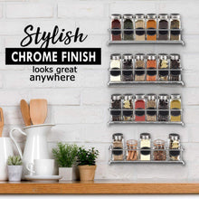 Load image into Gallery viewer, Purchase spice rack organizer for cabinet door mount or wall mounted set of 4 chrome tiered hanging shelf for spice jars storage in cupboard kitchen or pantry display bottles on shelves in cabinets
