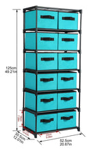 Load image into Gallery viewer, Organize with homebi storage chest shelf unit 12 drawer storage cabinet with 6 tier metal wire shelf and 12 removable non woven fabric bins in turquoise 20 67w x 12d x49 21h