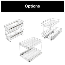 Load image into Gallery viewer, Results smart design 2 tier roll out under sink sliding organizer w mounting hardware medium steel metal holds 100 lbs cabinets cookware bakeware items kitchen 18 32 x 14 inch chrome