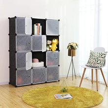 Load image into Gallery viewer, Products songmics cube storage organizer 12 cube closet storage shelves diy plastic closet cabinet modular bookcase storage shelving with doors for bedroom living room office black ulpc34h