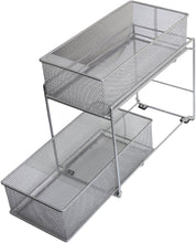 Load image into Gallery viewer, Explore ybm home silver 2 tier mesh sliding spice and sauces basket cabinet organizer drawer 2304